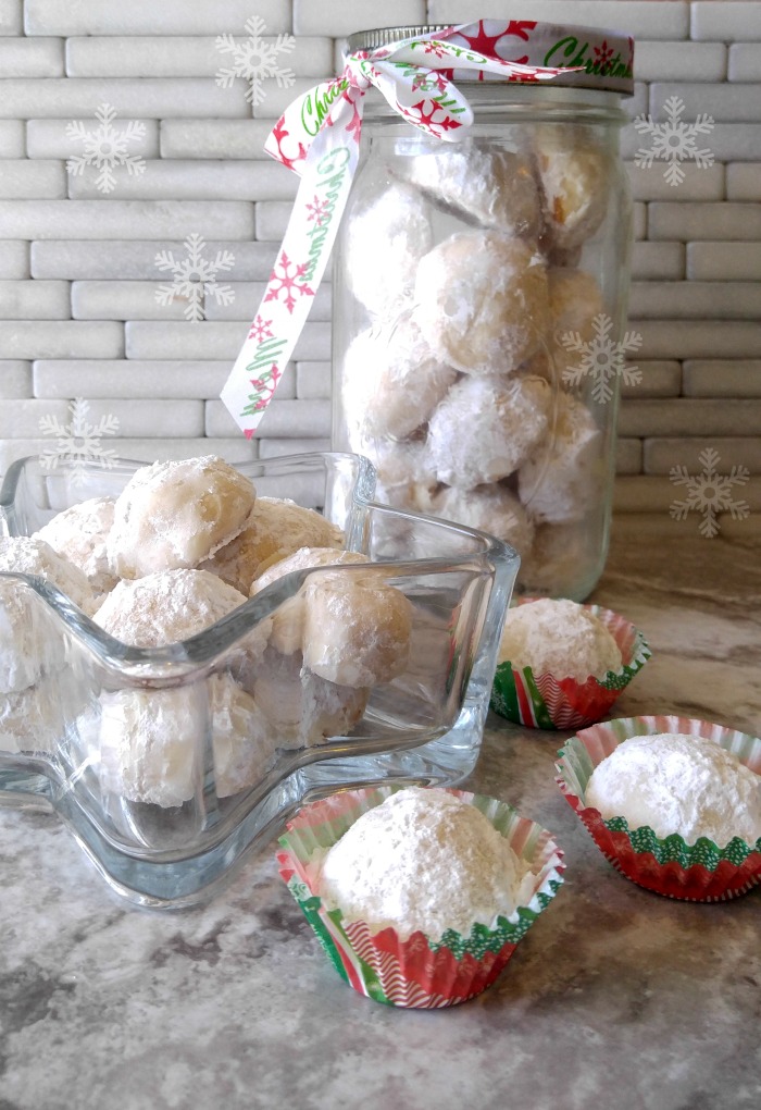 Lemon Snowball Cookies in a mason cookie jar