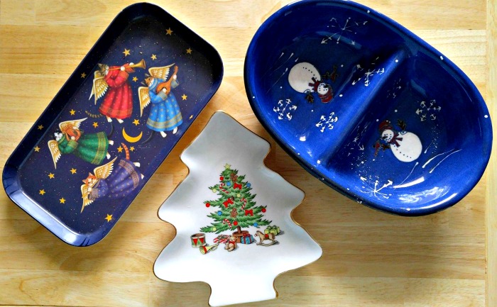 Three pretty blue and white Christmas serving dishes with angels, snowman and Christmas tree.