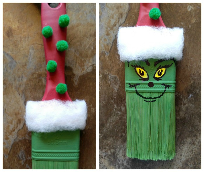 Add green pom poms to the shank of the brush and paint the Grinch face.