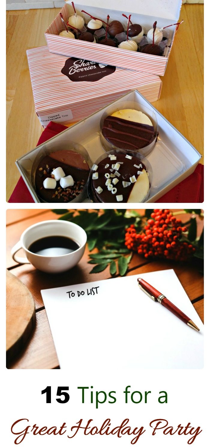 VChocolate and note paper with coffee in a collage with words reading 15 Tips for a great holiday party.