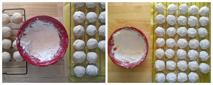 Roll the snowballs in powdered sugar when still warm and then roll again when they are cooled for the whitest coating.
