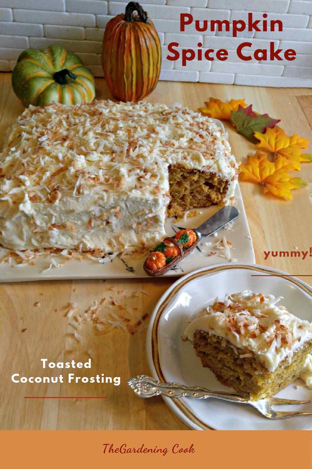 Frosted cake on a cutting board with words Pumpkin Spice Cake.