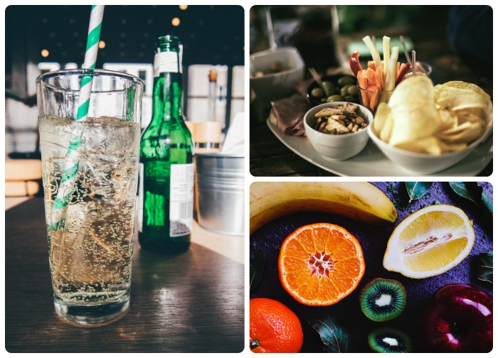 Bar supplies and snacks with fruit in a collage.