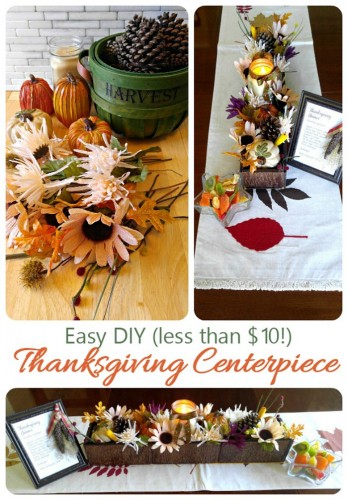 This Thanksgiving Centerpiece makes use of reclaimed wood and inexpensive craft supplies and looks lovely on a long dining room table. It is very easy to make, in just a few hours.