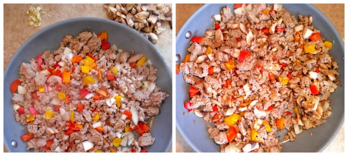 Add your chopped vegetables to the ground turkey