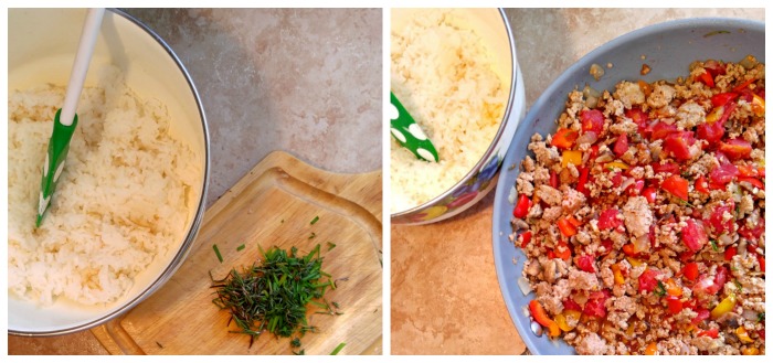 Chops the fresh herbs and add them to the ground turkey mixture. The rice will go in at the very end.