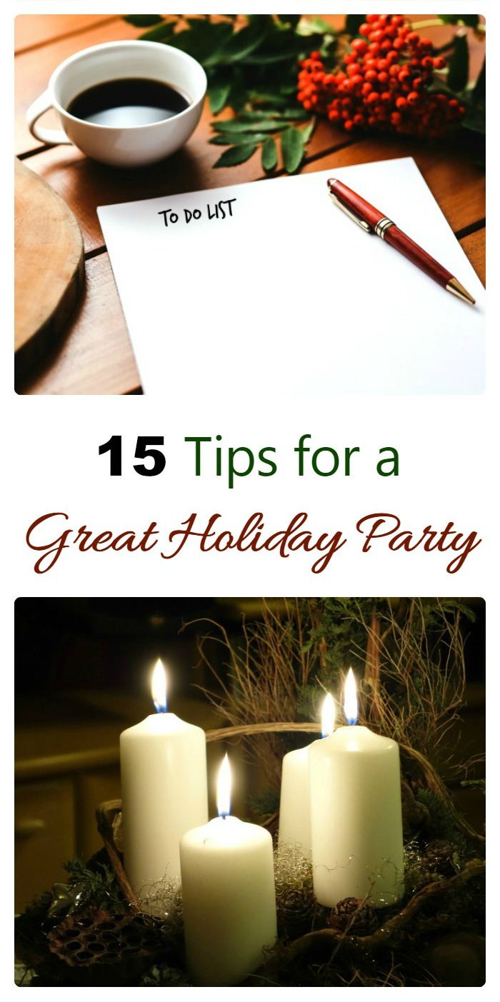 To do list with a cup of coffee and pen and some advent candles in a holiday party collage with text reading 1