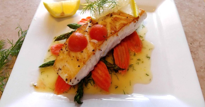 Pan seared halibut with a butter dill sauce