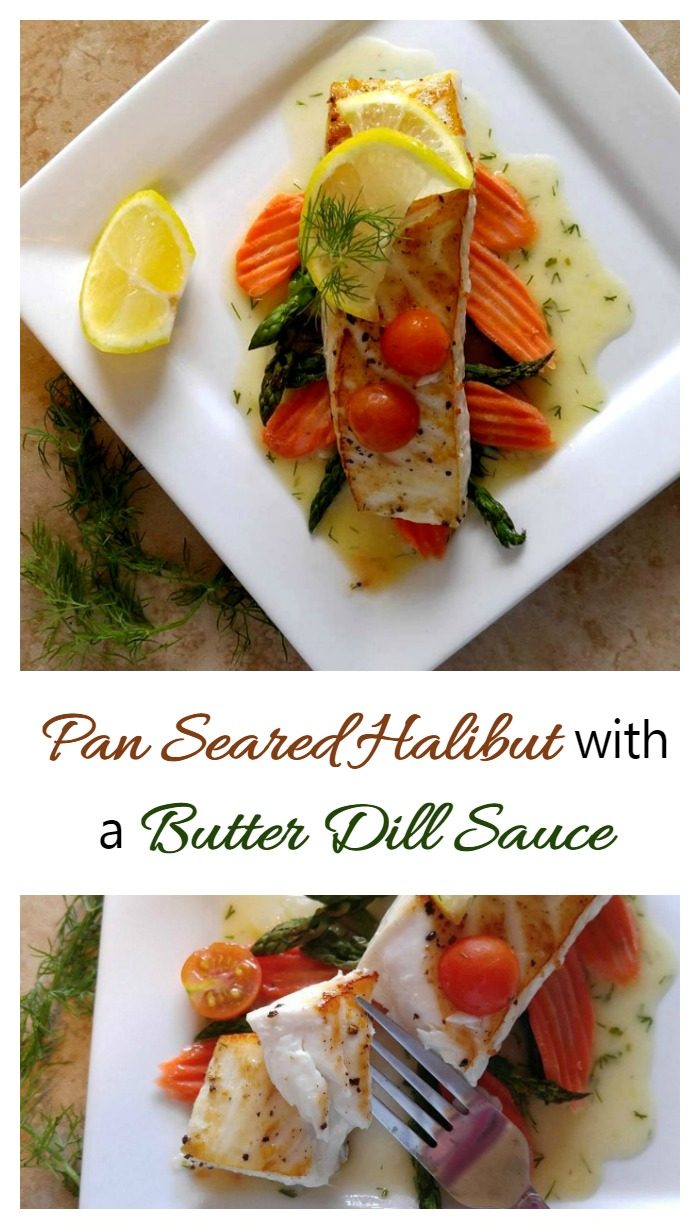 Cooked fish over vegetables on a white plate with words reading Pan Seared Halibut with Butter Dill Sauce.
