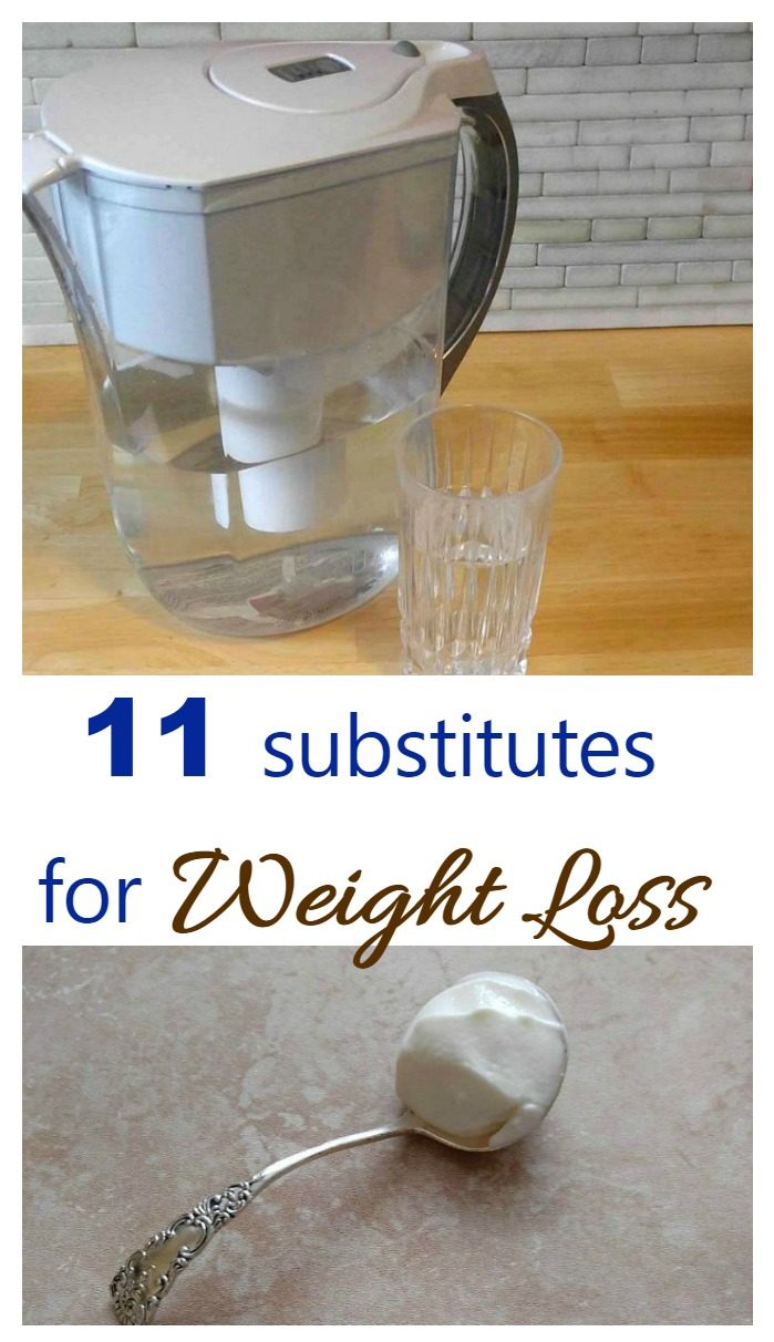 spoon of yogurt and Brita water pitcher with words reading 11 Substitutes for Weight Loss.