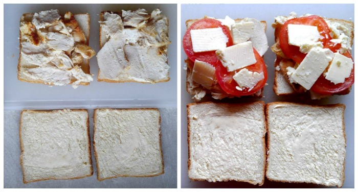 Butter the bread on one side and layer roasted chicken, fresh tomatoes and low fat cheese