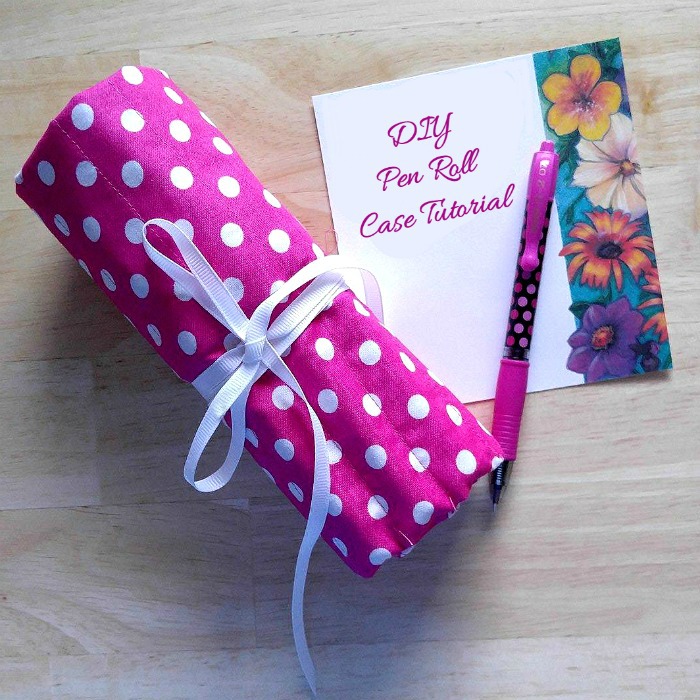 Rolled pink polka dot pen holder and words DIY pen roll case tutorial
