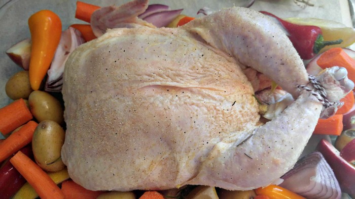 Season the one pot roasted chicken and tie the legs together