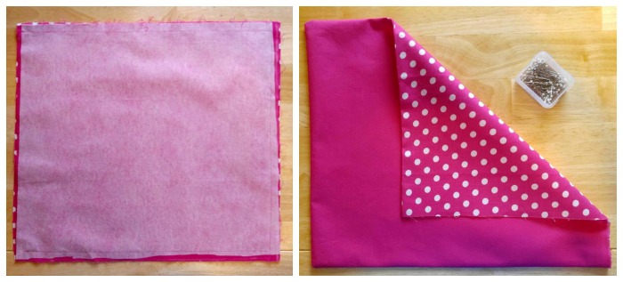 Sewn pink fabric with fusing and polka dot backing.