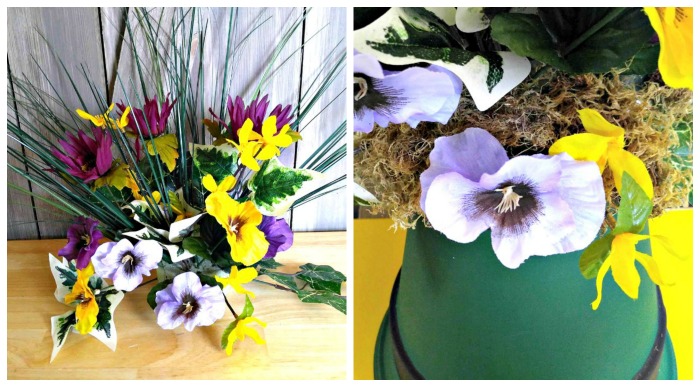 Floral arrangement with silk flowers and a close up of the flowers on a green clay pot.