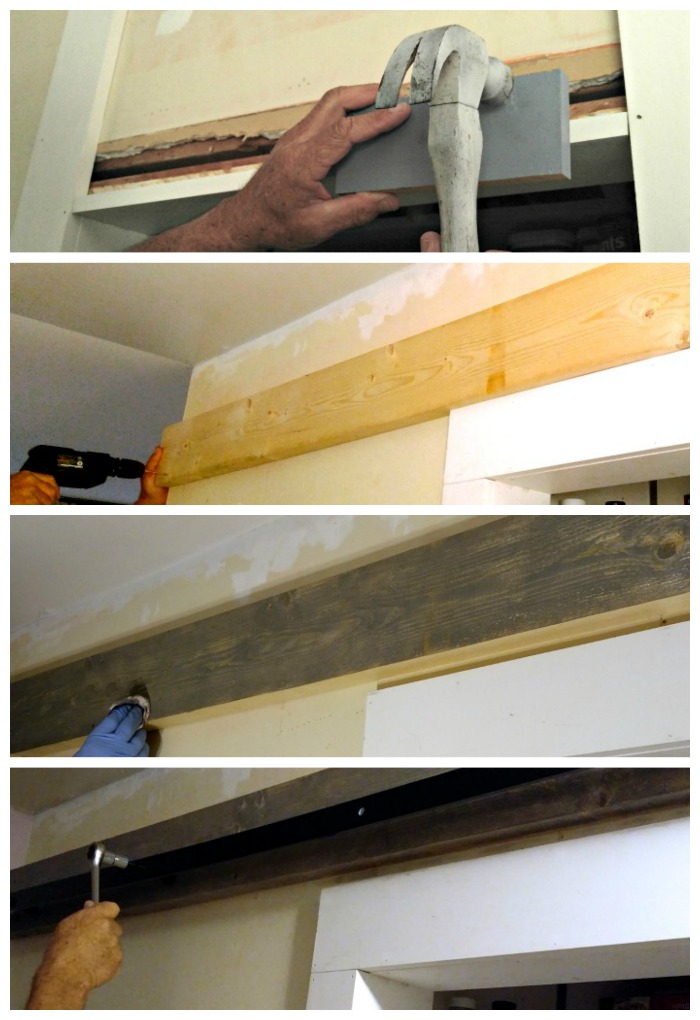 Install a header beam, stain it and attach the barn door slider to it.
