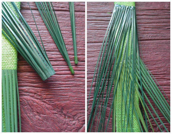 Unfurled onion grass on a wood board.