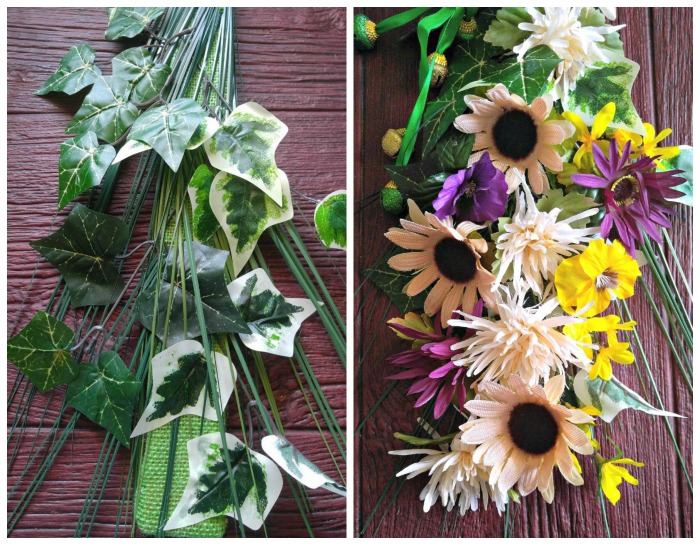 Leaves and silk flowers in a collage.