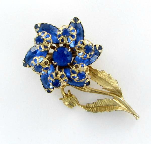 Royal blue rhinestone flower pin