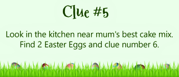 Green card with Easter eggs and grass and clue #5 about the kitchen pantry.