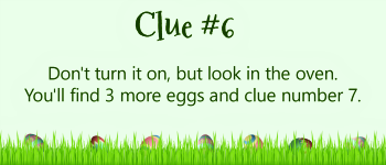 Light green card with Easter eggs and grass and clue #6 about the oven.