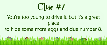Green Easter egg clue card with hint about the car.