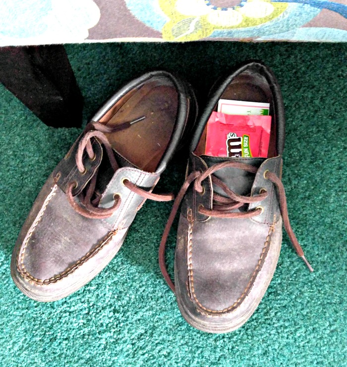 Candy and Easter basket clue in a pair of brown shoes.