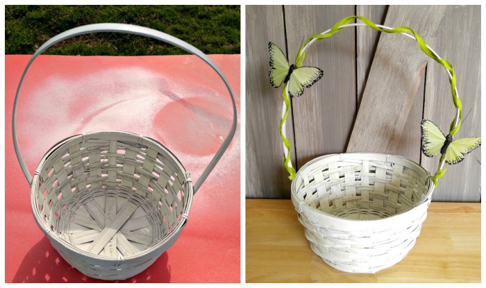 Easter basket spray painted white and decorated with butterflies.