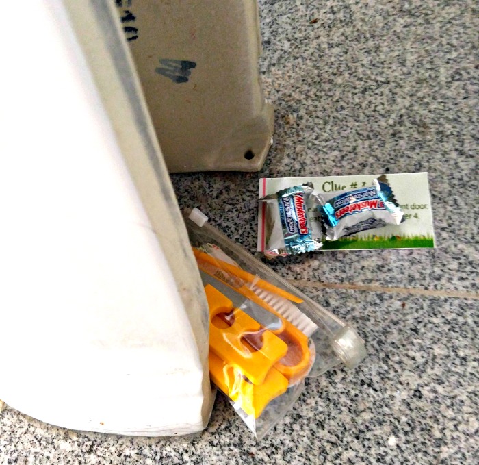 Manicure set and Easter eggs with a clue near the bathroom sink.