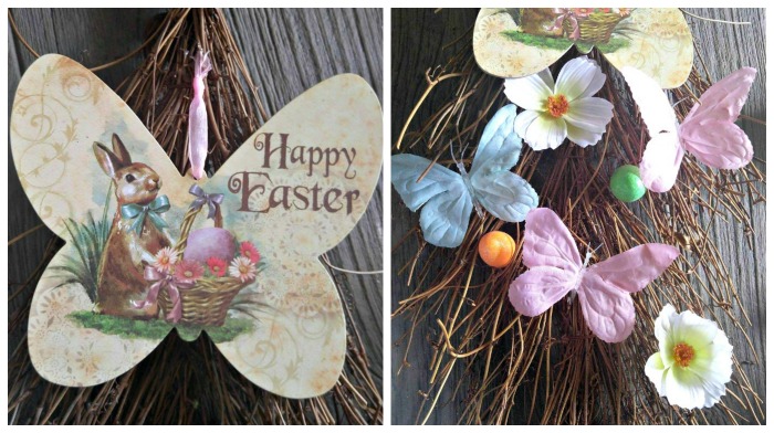 attach the Easter Bunny sign and arrange the other decorations and hot glue to the grapevines