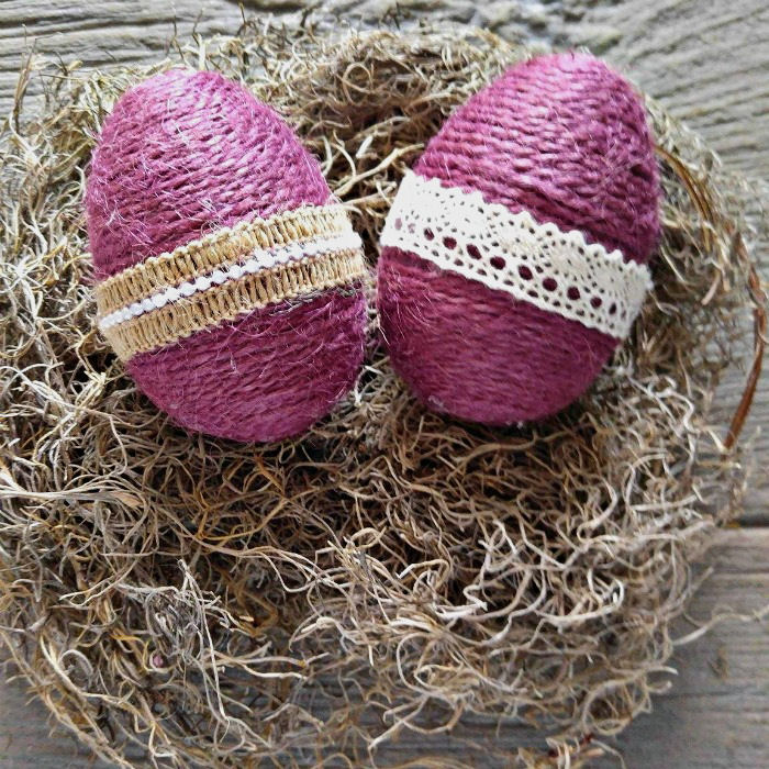 Burgundy rope wrapped eggs with burlap ribbon