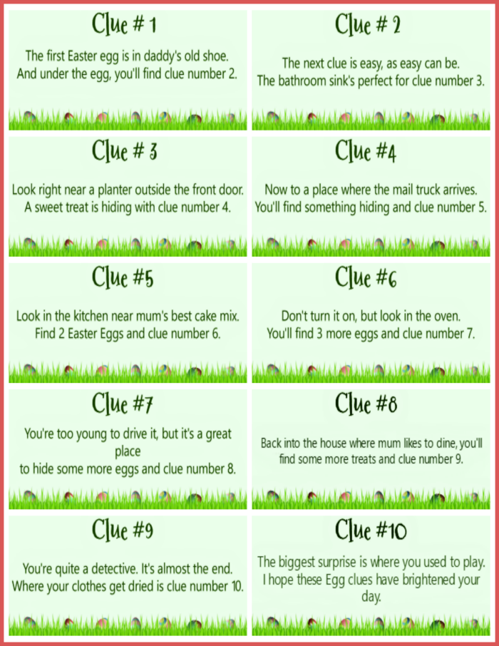 Easter basket clues for a teenage Easter egg hunt.