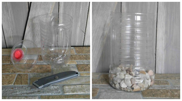 Cut the bottle and add rocks for drainage