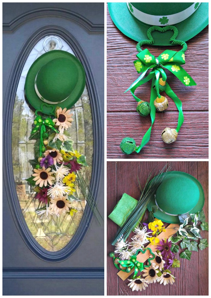 Door Swag for St. Patrick's Day with leprechaun hat, bells and flowers on a blue door.