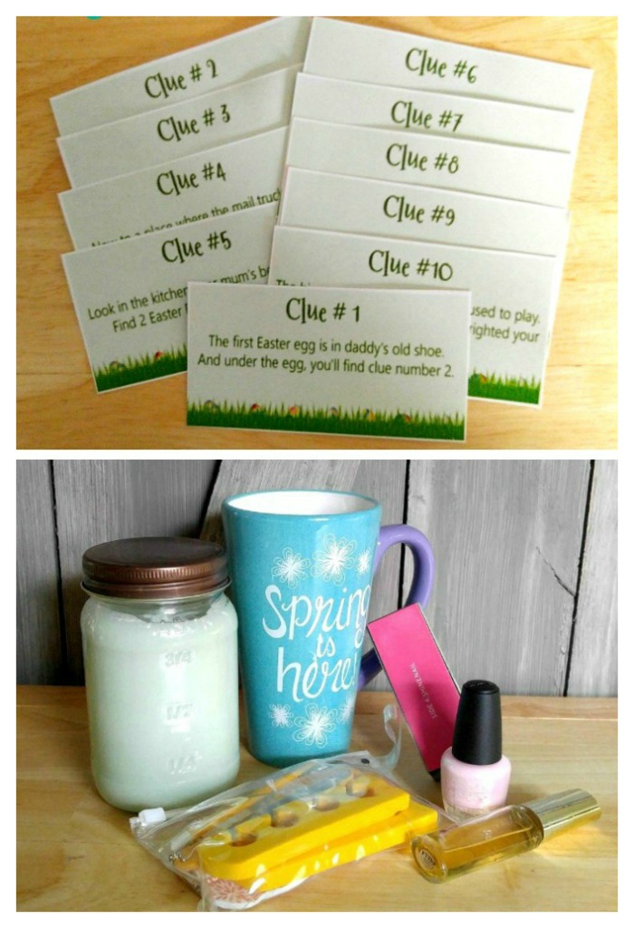 Easter basket clues, candle, coffee cup, nail polish supplies are great for building an Easter basket with clues.