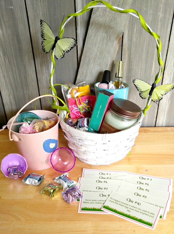 Easter Egg basket with Clues, candy, candles, toiletries and nail polish.