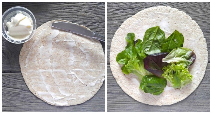Spread the tortilla with mayo and add lettuce leaves