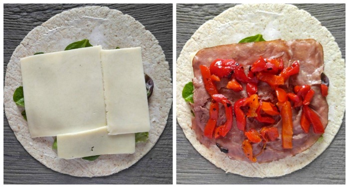 place slices of harvarti, roast beef and add roasted red peppers