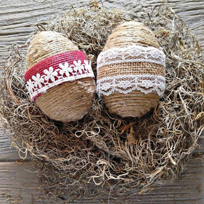 rope wrapped eggs with burlap ribbon