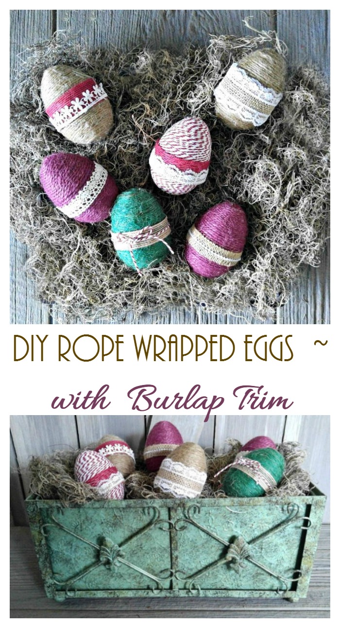 These rope wrapped eggs with burlap ribbon make a cute Easter decoration item but can also be used all spring for pretty cottage chic decor.
