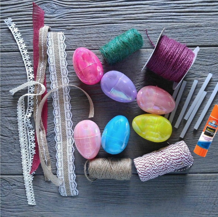 supplies for the rope wrapped eggs with burlap ribbon