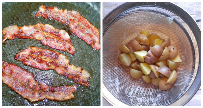Book bacon and boil potatoes