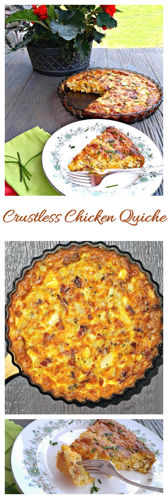 Crustless chicken quiche collage This crustless chicken quiche is full of flavor. You won't miss the crust at all, and will be happy to save on calories.
