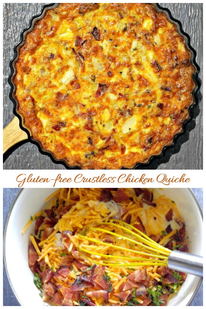 crustless chicken quiche and ingredients in a bowl gluten free Crustless Chicken quiche