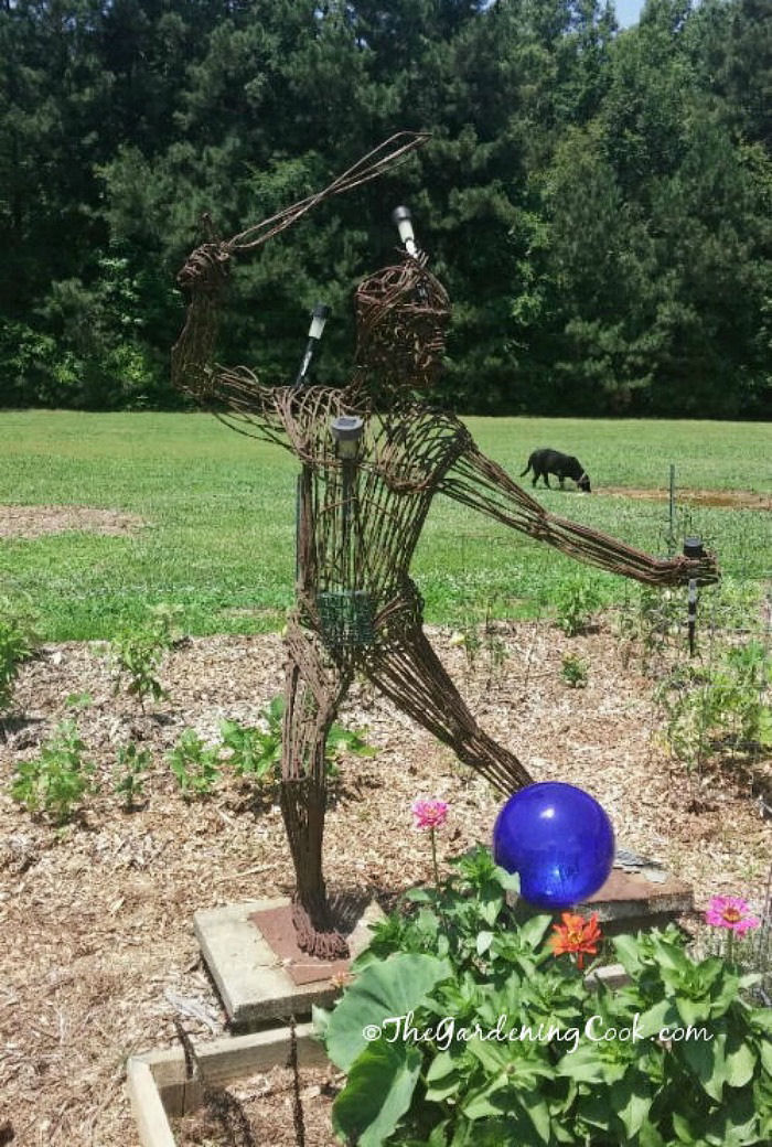Metal scarecrow with light sensors to keep the squirrels away.