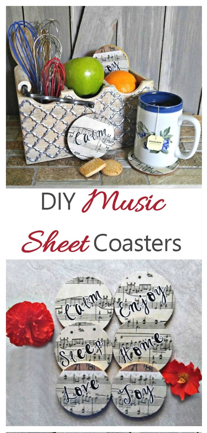 Tool caddy, cup of tea and music coasters with words reading DIY Music Sheet Coasters.