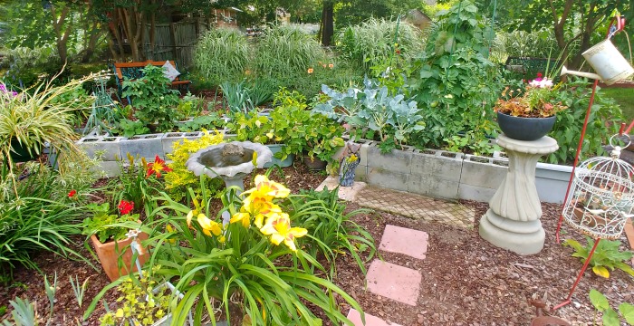 Rasied bed vegetable garden in a flower garden