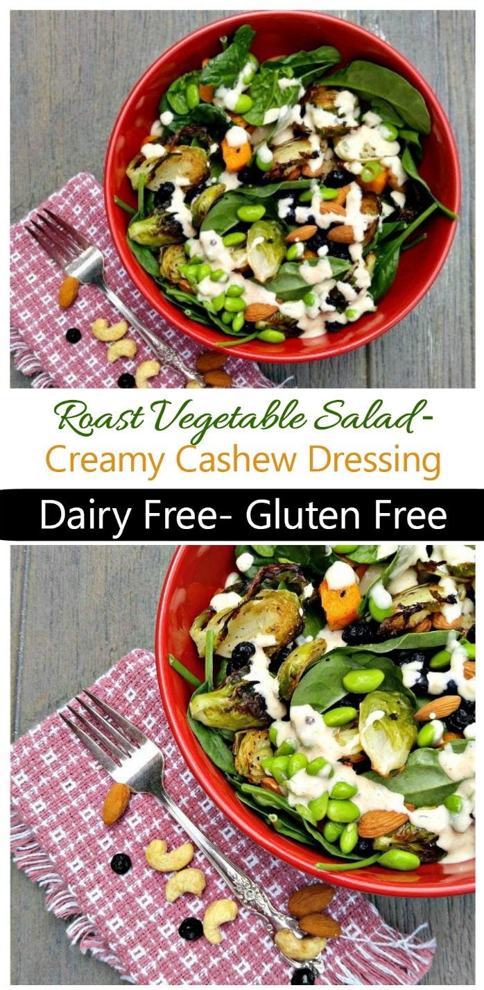 Bowl of alad with nuts in a collage with words reading roast vegetable salad - creamy cashew dressing - dairy free, gluten free.