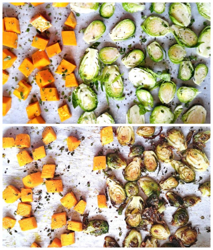 Roasted Brussels Sprouts and squash in a collage.