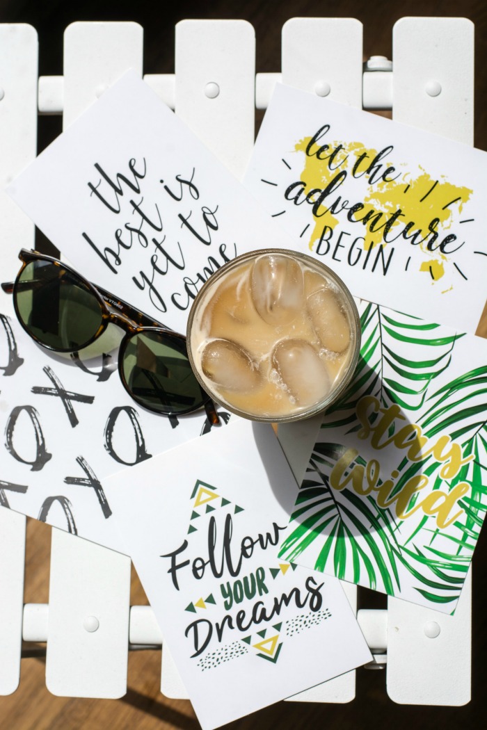 Fence iced coffee and sunglasses with three quotes